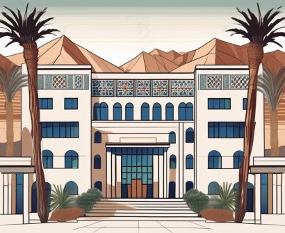 A typical moroccan international school building with a backdrop of morocco's distinct landscape