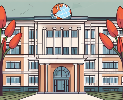 A typical dutch international school building with a globe