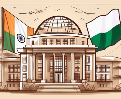 An international school building in nigeria surrounded by diverse educational symbols and landmarks