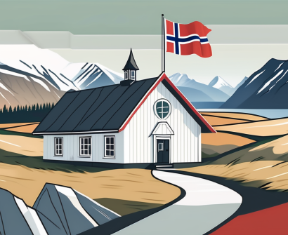 A traditional norwegian schoolhouse with an international flag banner fluttering in the wind