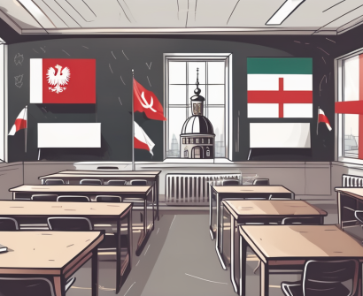 A classroom setting with international flags hanging from the ceiling