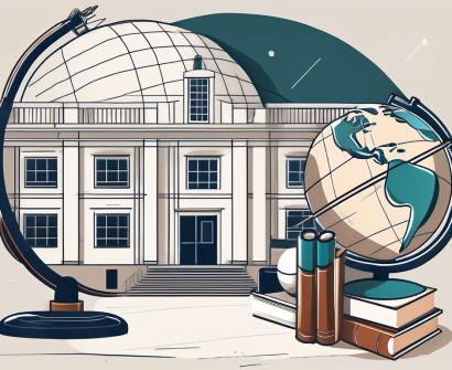 A typical portuguese international school building with a globe and educational tools like books