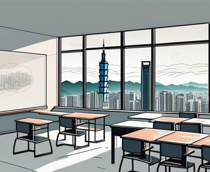 A modern classroom setting with a view of taipei's skyline