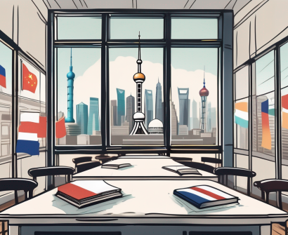 A classroom setting with international flags