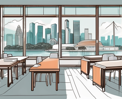 A classroom setting with diverse educational materials and iconic singapore landmarks visible through the window