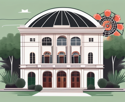 A typical spanish international school building surrounded by lush greenery and iconic spanish elements like flamenco fans and guitar