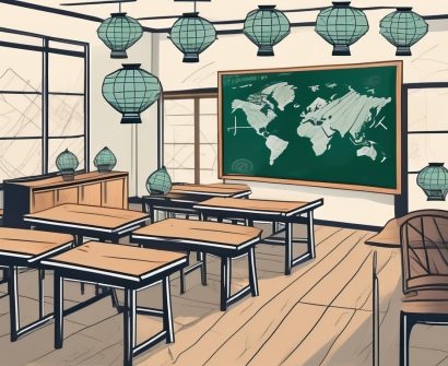A classroom setting with iconic vietnamese elements like conical hats and lanterns