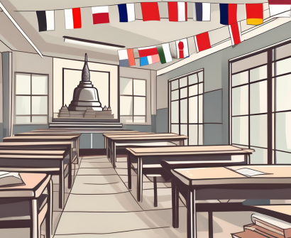 A classroom setting with international flags