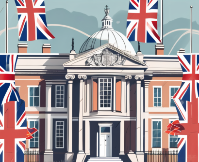 A classic british school building with international flags fluttering in the wind