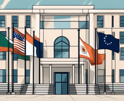 An international school building with various national flags fluttering in the courtyard