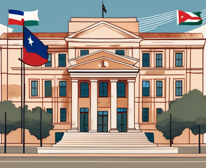A classic uruguayan school building with an international flag fluttering in the wind