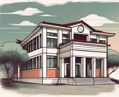 A traditional chinese school building with a magnifying glass hovering over it