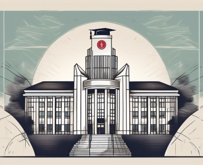 The harrow international school shanghai's iconic building with a briefcase and a graduation cap symbolizing a job application and education