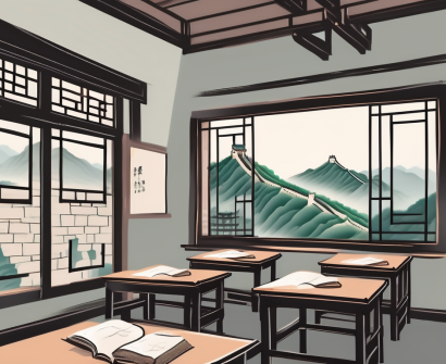 A classroom setting with traditional chinese architectural elements in the background
