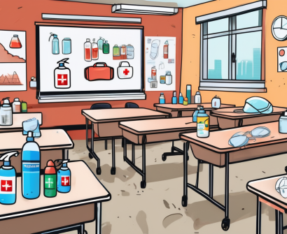 A classroom setting in singapore with scattered elements like a first aid kit