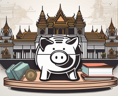 A piggy bank placed on a table with a backdrop of famous bangkok landmarks like the grand palace and wat arun