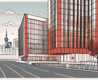 The canadian international school of beijing building with a few symbolic elements like a resume or briefcase nearby