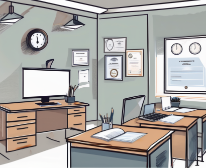 A classroom setting in dubai with a computer on the teacher's desk displaying an ipgce certificate