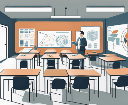 A classroom setting with various symbols representing teaching english