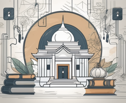 A classroom setting with a mix of thai cultural elements and english teaching tools