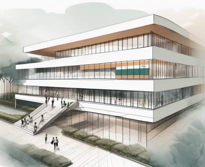 The suzhou singapore international school building with a symbolic application form floating towards its entrance