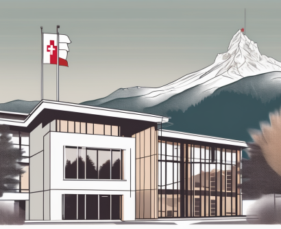 The international school of geneva building with a scenic swiss mountain backdrop and a few symbolic elements like a briefcase and a graduation cap to represent employment and education