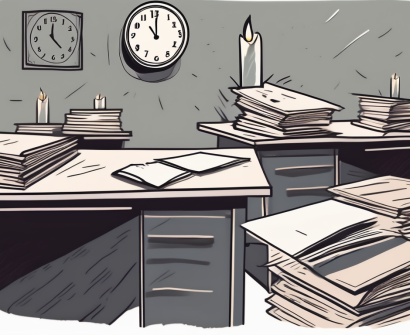 A dimly lit classroom with an overflowing desk