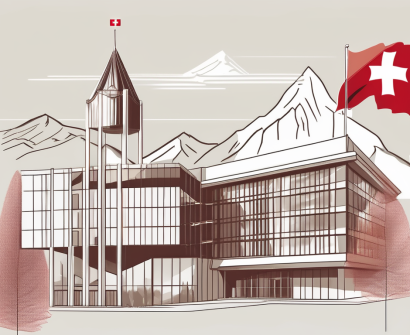 The international school of basel building surrounded by swiss landmarks like the alps and a swiss flag