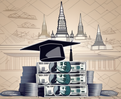 A graduation cap resting on top of a stack of thai baht bills