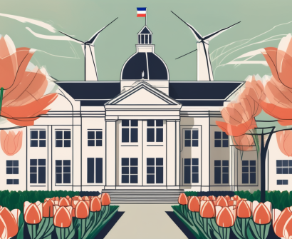 The american school of the hague building with a dutch flag flying on top