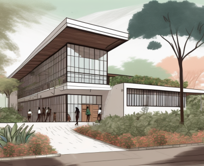 The lincoln community school building in ghana surrounded by local flora and fauna