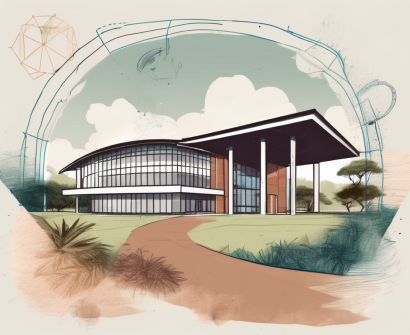 The international school of kenya building surrounded by kenyan landscapes and symbolic elements like a graduation cap and a briefcase to represent education and job opportunities