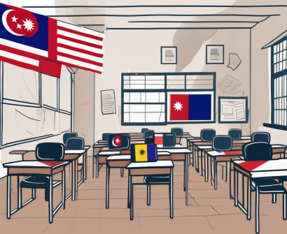 A malaysian public school with various national flags fluttering in the foreground