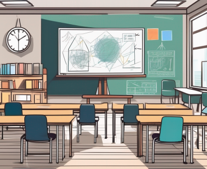 A classroom setting with diverse educational tools and a view of thailand's iconic landmarks in the background