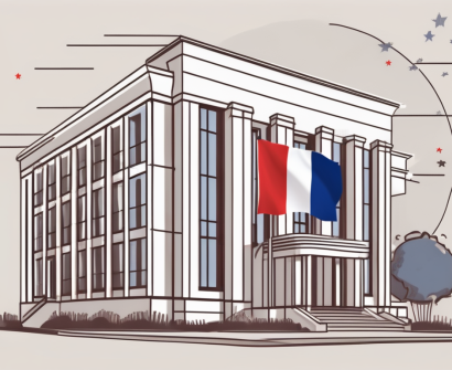 The french american international school building with an american flag on one side and a french flag on the other