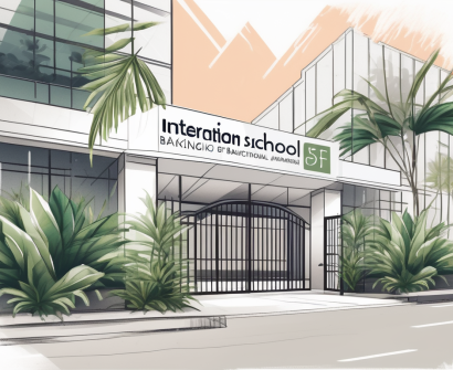 The international school of bangkok's building with lush tropical plants around and a 'for hire' sign on the front gate