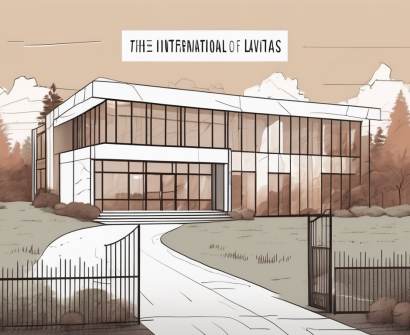 The international school of latvia building with a 'help wanted' sign hanging on the front gate