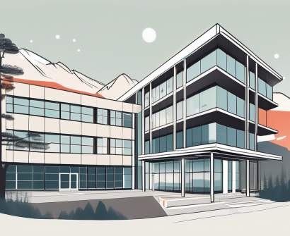 The oslo international school building in norway surrounded by some iconic norwegian elements like fjords and northern lights