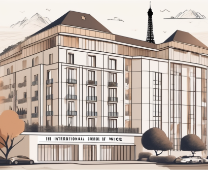 The international school of nice building with a 'for hire' sign in the foreground