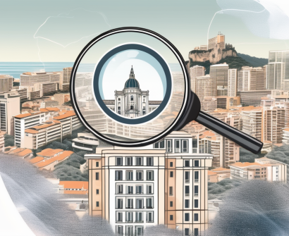 The international school of monaco building with a symbolic representation of a job application and a magnifying glass nearby