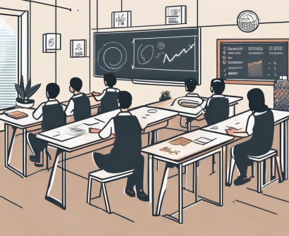 A classroom scene in singapore with various teaching tools and a chalkboard