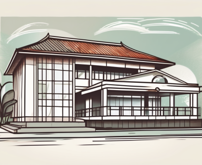 A traditional indonesian school building with a magnifying glass hovering over it