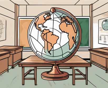 A vietnamese public school with a globe and various educational symbols