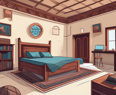 A neatly made bed placed inside a traditional qatari house