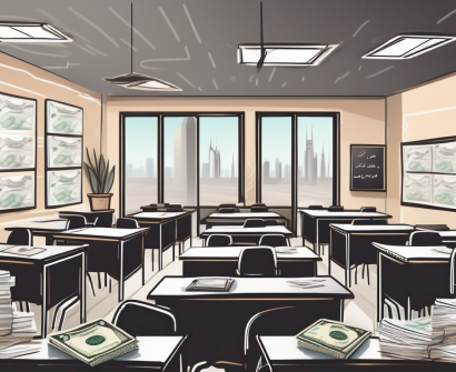 A classroom setting in dubai with a chalkboard