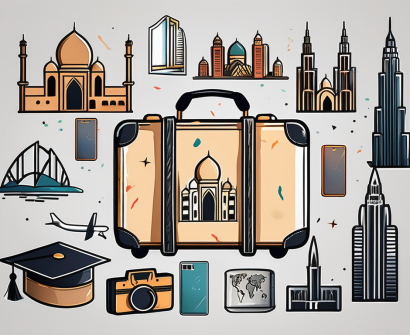 A suitcase adorned with stickers of famous dubai landmarks