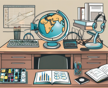 Seven different educational tools such as a globe