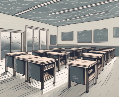 A classroom with seven empty desks out of ten