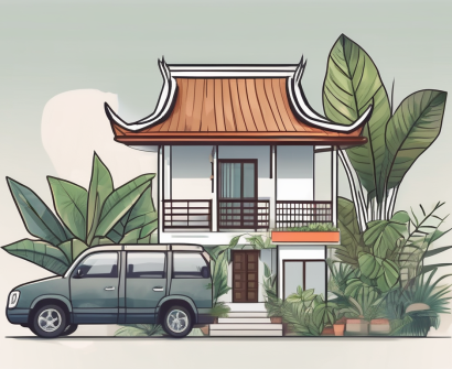 A quaint thai house surrounded by tropical plants with a "for rent" sign