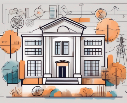 A school building with various symbols around it representing economic factors